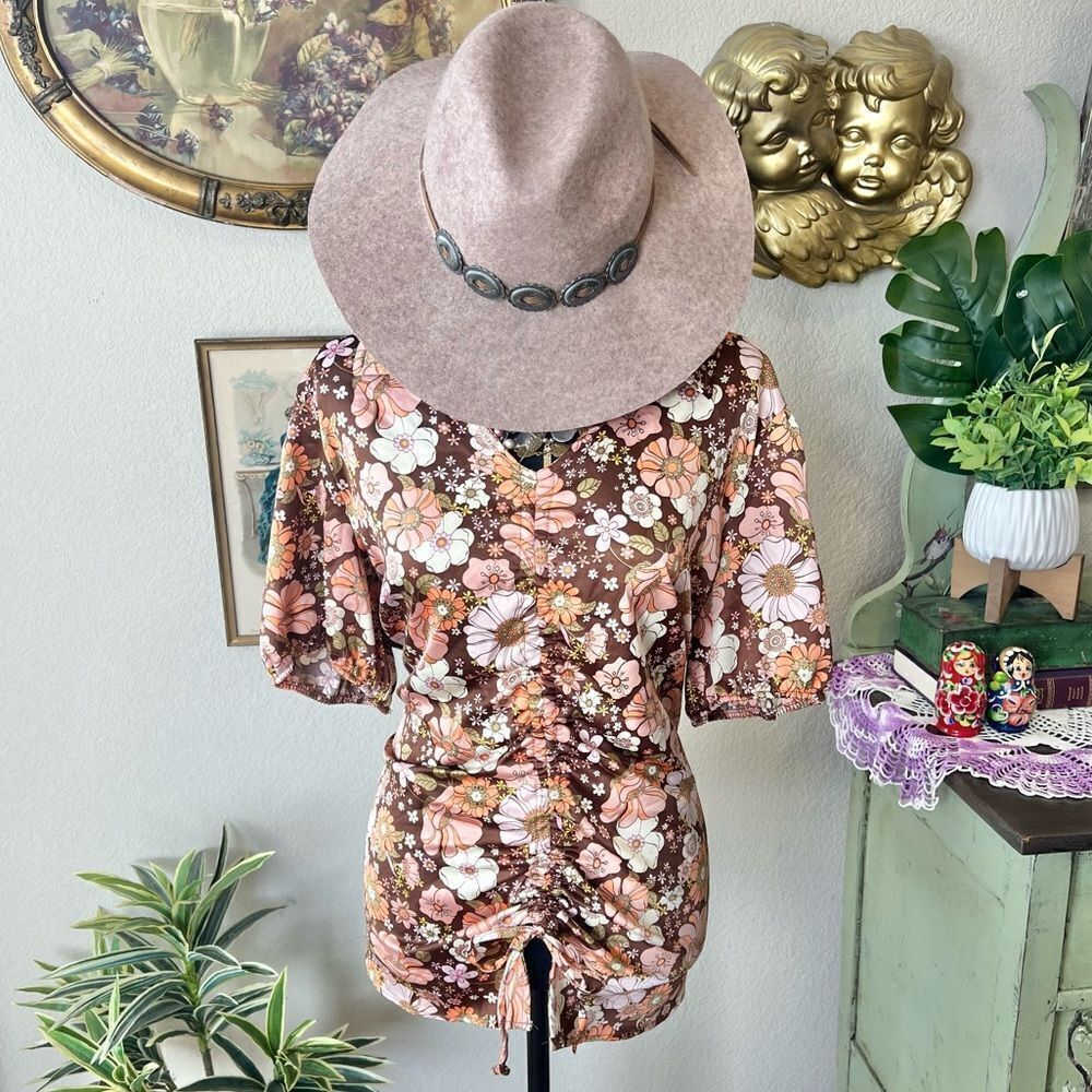 Cato Brown Pink Orange Retro Flower Power Hippie Ruched V Neck Blouse Sz 18/20